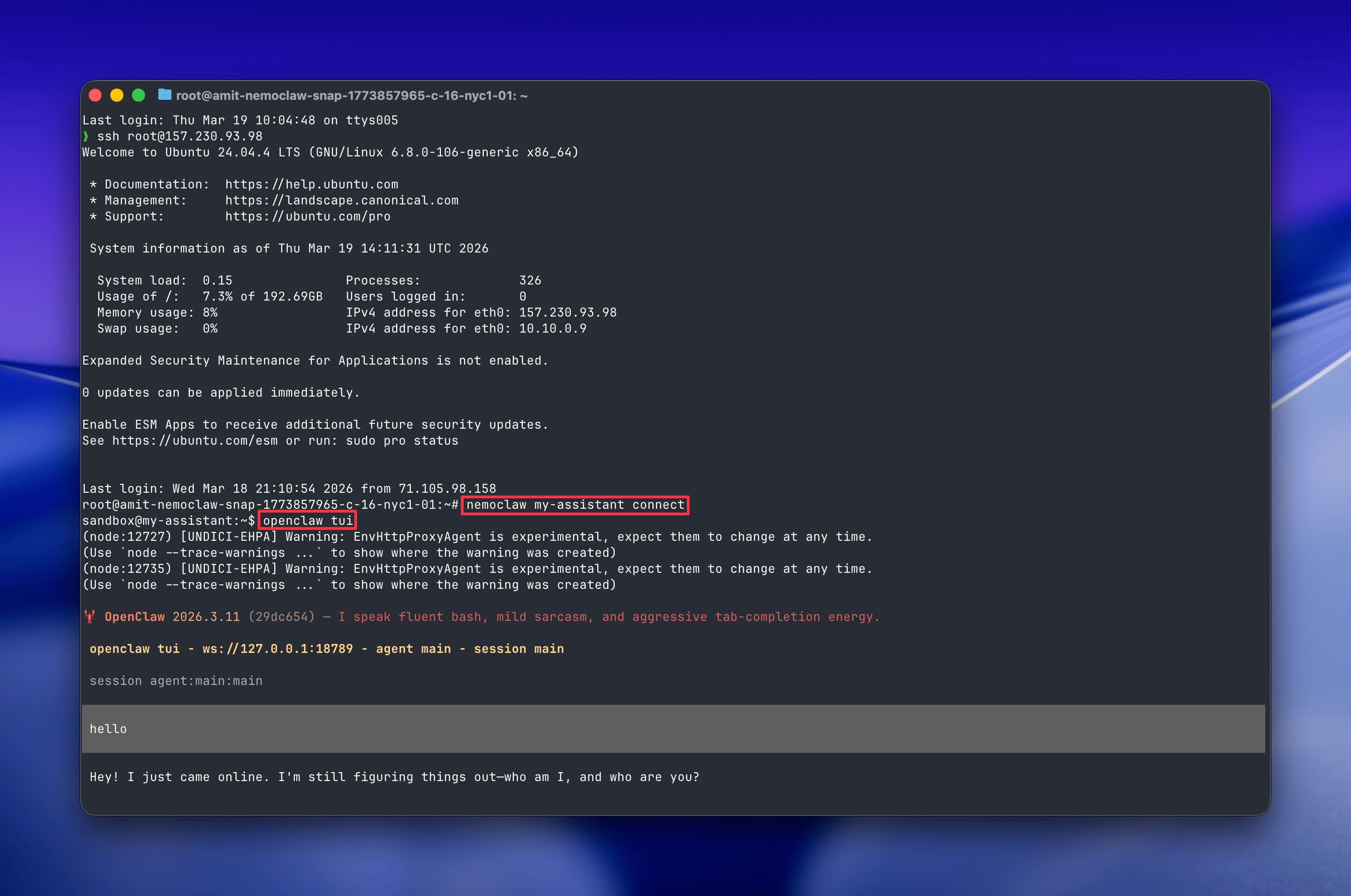 Reconnecting to the sandbox in a new SSH session using openshell sandbox connect, then launching openclaw tui