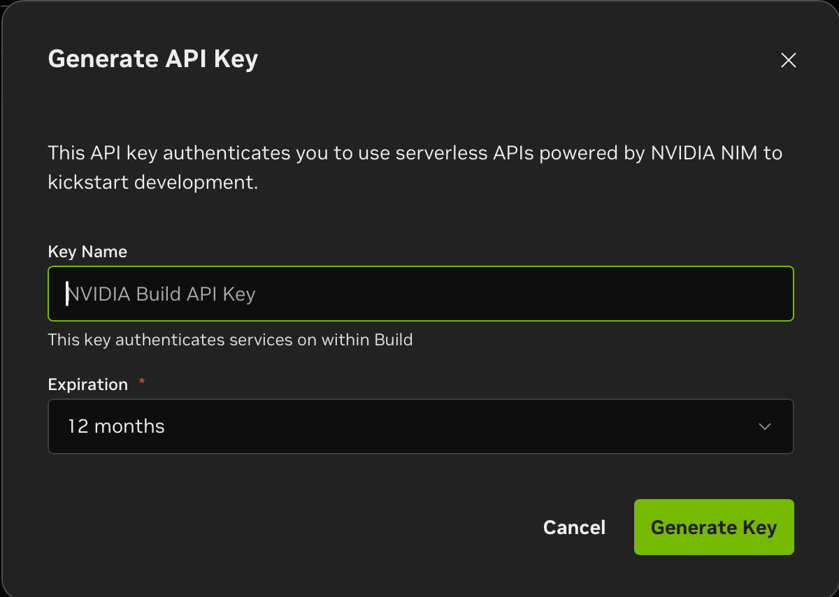 The NVIDIA Build dashboard showing the Generate API Key dialog