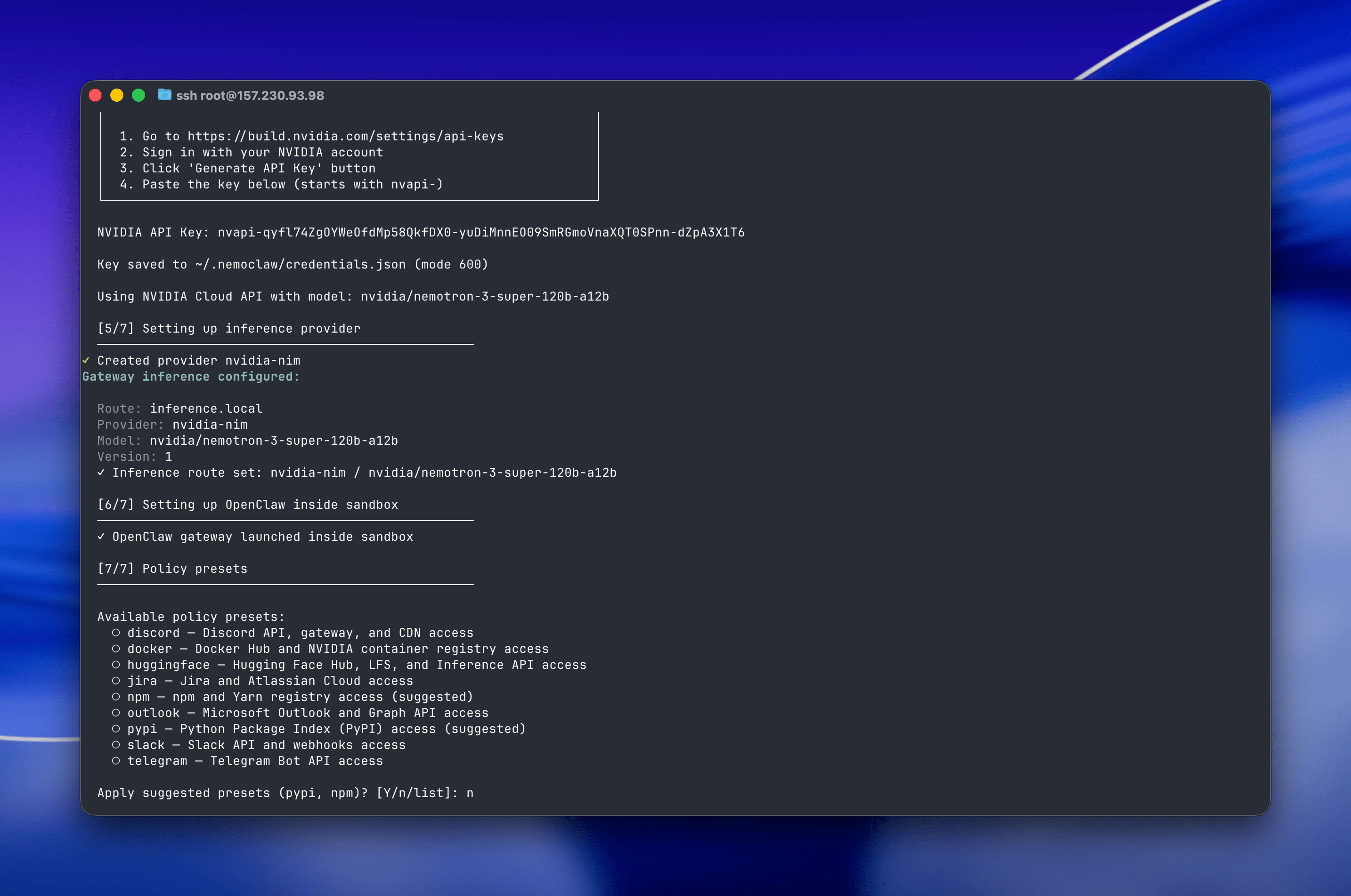 Terminal showing the inference provider configured, OpenClaw set up inside the sandbox, and the full list of available policy presets